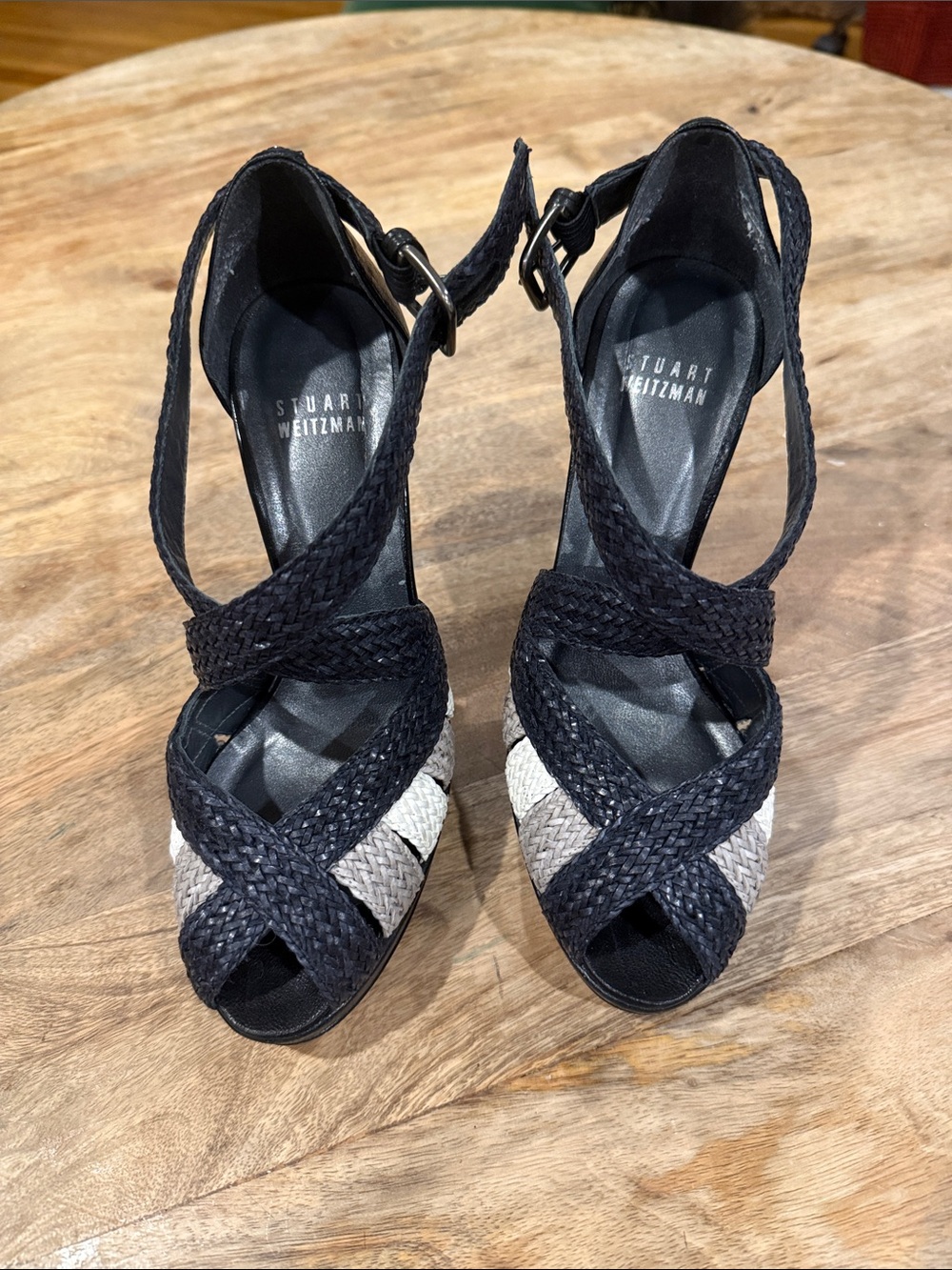 Stuart Weitzman Black and Ivory Braided Wedge Sandals with Ankle Strap